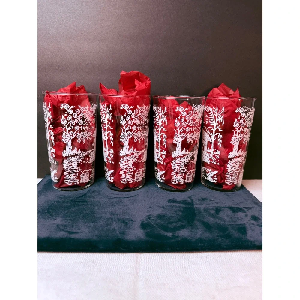 Vintage Federal Glass‎ Drinking Glasse set 4  Wishing Well floral Meadow Tumbler